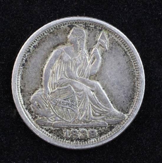 A silver 1838 Seated Liberty half dime, no stars to obverse, (Near VF)